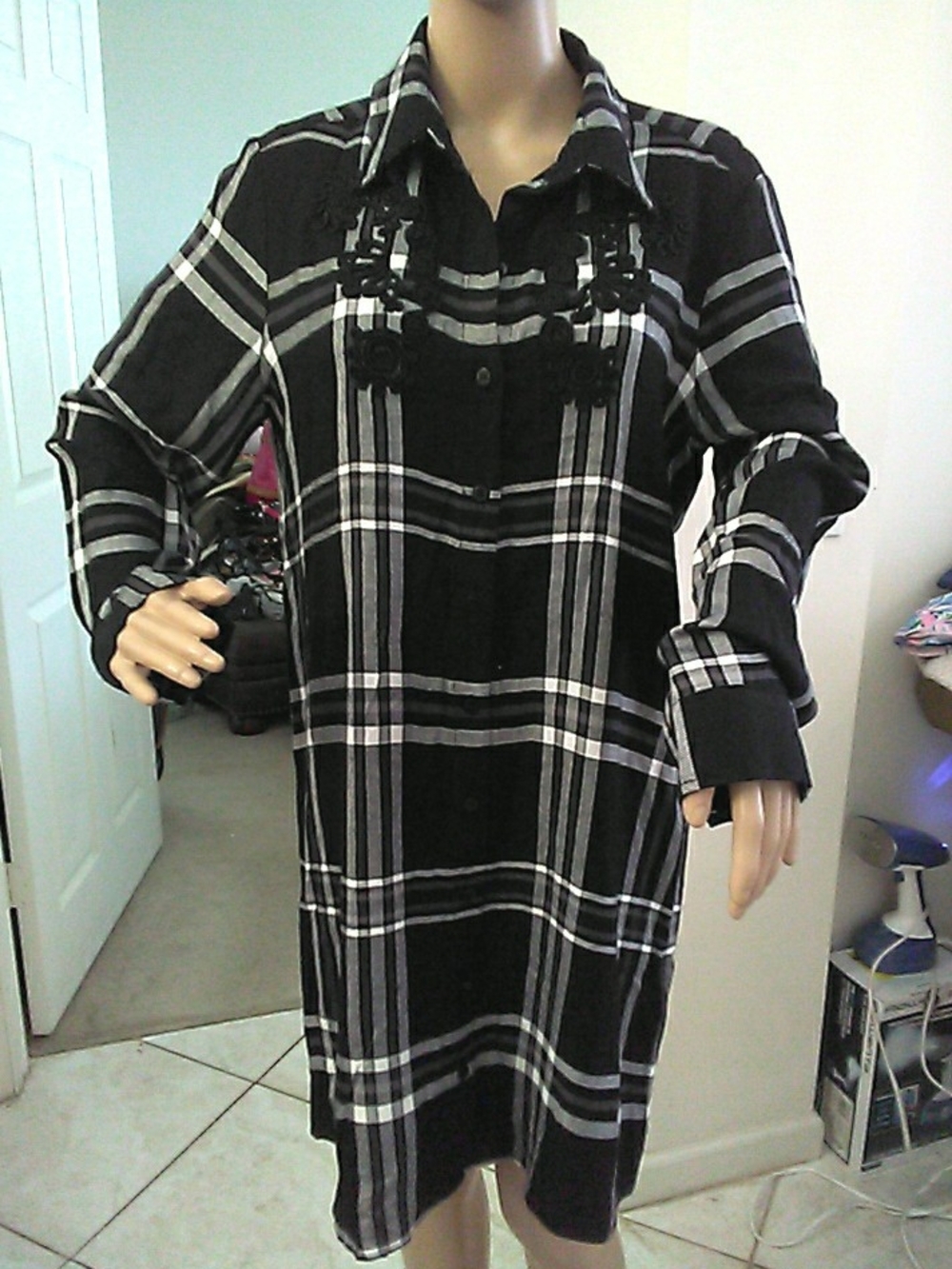 NWT Sophie Max Black & White Plaid Long-Sleeve Shirt Dress RAYON SOFT SZ. XL